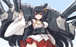 Rule 34 | 10s, 1girl, bad id, bad pixiv id, bare shoulders, black hair, breasts, cannon, detached sleeves, fusou (kancolle), hair ornament, kantai collection, large breasts, long hair, looking at viewer, nontraditional miko, personification, red eyes, skirt, smile, solo, tonami kanji