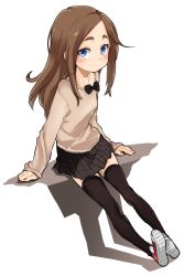 Rule 34 | 1girl, black bow, black skirt, black thighhighs, blue eyes, blush, bow, brown hair, closed mouth, full body, highres, long hair, original, plaid, plaid skirt, pleated skirt, school uniform, shoes, simple background, sitting, sketch, skirt, sleeves past wrists, smile, solo, sumi (oyasumie), sweater, thick eyebrows, thighhighs, white background