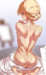 Rule 34 | 10s, 1girl, ass, ayakumo, back, barefoot, blonde hair, blue eyes, blurry, blush, braid, butt crack, darjeeling (girls und panzer), depth of field, dimples of venus, easel, feet, french braid, from behind, girls und panzer, highres, looking at viewer, looking back, modeling, nude, nude modeling, open mouth, short hair, sitting, soles, solo, toes