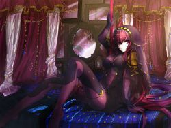 Rule 34 | 1girl, bed, bodysuit, breasts, covered navel, curtains, fate/grand order, fate (series), gae bolg (fate), highres, large breasts, long hair, mirror, on bed, purple bodysuit, red eyes, red hair, scathach (fate), scathach (fate), solo, takuan lte, veil