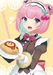 Rule 34 | 1girl, :d, akagi kurage, blue eyes, blue hair, border, bow, breasts, brown background, brown shirt, character request, cherry hair ornament, double bun, fingernails, food, food-themed hair ornament, fur-trimmed sleeves, fur trim, hair bun, hair ornament, heart, highres, holding, holding plate, iriam, juliet sleeves, ketchup, lace, lace border, long sleeves, medium breasts, multicolored hair, omelet, omurice, open mouth, ornate border, pink hair, plate, puffy sleeves, red bow, shirt, smile, solo, translation request, two-tone hair, virtual youtuber, white shirt, x hair ornament