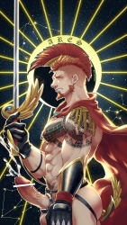 Rule 34 | 1boy, abs, alternate costume, anal, anal object insertion, aquarius (constellation), ares (priapus), arm tattoo, bar censor, bara, beard, black gloves, cape, censored, character name, chest tattoo, cock ring, constellation, cum, ejaculating while penetrated, ejaculation, erection, facial hair, from side, gloves, green eyes, highres, holding, holding sword, holding weapon, jockstrap, large pectorals, male focus, male penetrated, male underwear, mature male, mohawk, muscular, muscular male, nipple piercing, nipple rings, nipples, object insertion, orange hair, pectorals, penis, penis piercing, piercing, priapus, projectile cum, pubic tattoo, red cape, sagittarius (constellation), sex toy, short hair, sideburns, solo, stomach, sword, tattoo, taurus (constellation), underwear, veins, veiny penis, weapon, wind, yzpyn