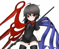 Rule 34 | 1girl, ahoge, bad id, bad pixiv id, black hair, black thighhighs, bow, bowtie, brown eyes, female focus, houjuu nue, polearm, shishigami (sunagimo), simple background, solo, standing, thighhighs, touhou, weapon, white background, wings, zettai ryouiki