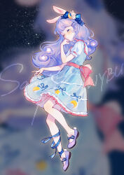 Rule 34 | 1girl, absurdres, animal ears, ankle wrap, artist name, back bow, bare arms, blue bow, blue dress, blue eyes, blue sky, blurry, blurry background, blush, bow, chinese commentary, clenched hand, commentary, crescent, crescent hair ornament, dress, footwear bow, frilled bow, frilled dress, frills, full body, hair bow, hair ornament, hairclip, half-closed eyes, hand on own chin, hand up, hidari (nanmu-left), highres, long hair, looking afar, looking ahead, mary janes, one eye closed, original, parted lips, pink sash, puffy short sleeves, puffy sleeves, purple footwear, purple hair, rabbit ears, rabbit girl, rabbit hair ornament, raised eyebrows, sample watermark, sash, shoes, short sleeves, sky, solo, star (sky), starry sky, striped, striped bow, teardrop, two-tone bow, watermark, white bow, x hair ornament, zoom layer
