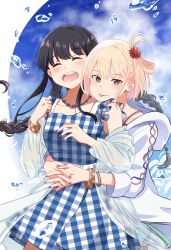 Rule 34 | 2girls, absurdres, black hair, blonde hair, blue dress, blue sky, blush, bracelet, braid, chai haru, closed eyes, closed mouth, cloud, commentary request, dress, flower, hair flower, hair ornament, highres, hood, hoodie, hug, hug from behind, inoue takina, jewelry, long hair, long sleeves, looking at viewer, lycoris recoil, multiple girls, necklace, nishikigi chisato, off shoulder, one side up, open mouth, outdoors, plaid, plaid dress, purple nails, red eyes, red flower, see-through, see-through shirt, sky, smile, tongue, tongue out, twin braids, water, white hoodie