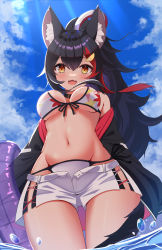 Rule 34 | 1girl, :3, animal collar, animal ear fluff, animal ears, bikini, bikini under clothes, black collar, black hair, black jacket, blue background, blue sky, blush, breasts, cloud, cloudy sky, collar, commentary, cowboy shot, cross-laced clothes, cross-laced shorts, cross print, fang, from below, front-tie bikini top, front-tie top, groin, hair between eyes, hair ornament, highres, hololive, innertube, jacket, kawaiipony2, long hair, looking at viewer, medium breasts, multicolored hair, navel, off shoulder, ookami mio, ookami mio (hololive summer 2019), open clothes, open mouth, open shorts, orange eyes, red hair, shorts, side-tie bikini bottom, sky, solo, stomach, streaked hair, sunlight, swim ring, swimsuit, tail, thigh gap, thighs, tight clothes, two-tone background, two-tone hair, virtual youtuber, wading, water, white background, white bikini, white shorts, wolf ears, wolf girl, wolf tail