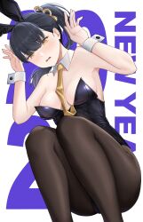 Rule 34 | 1girl, 2023, absurdres, animal ears, arms up, bare shoulders, black hair, black leotard, blush, breasts, brown eyes, brown pantyhose, chinese zodiac, cleavage, detached collar, fake animal ears, happy new year, highres, leotard, long hair, looking at viewer, medium breasts, necktie, new year, nuebunny, open mouth, original, pantyhose, photoshop (medium), ponytail, rabbit ears, sleeves past wrists, solo, squatting, strapless, strapless leotard, year of the rabbit, yellow necktie