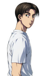 Rule 34 | 1boy, black eyes, brown eyes, brown hair, closed mouth, ears, from side, fujiwara takumi, initial d, looking at viewer, male focus, nose, official art, shin gekijouban initial d, shirt, short hair, short sleeves, simple background, solo, standing, t-shirt, white background, white shirt