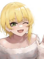 Rule 34 | 1girl, ;d, bare shoulders, blush, breasts, fur shirt, green eyes, highres, idolmaster, idolmaster cinderella girls, lamp p9, looking at viewer, medium breasts, miyamoto frederica, off-shoulder shirt, off shoulder, one eye closed, open mouth, shirt, short hair, simple background, smile, solo, striped clothes, striped shirt, upper body, waving, white background