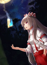 Rule 34 | 1girl, absurdres, arm belt, arm up, burning, commentary request, cowboy shot, dutch angle, forest, fujiwara no mokou, full moon, hair ribbon, hand in pocket, highres, long hair, long sleeves, looking to the side, looking up, luke (kyeftss), moon, nature, night, night sky, open mouth, outdoors, pants, red pants, ribbon, shirt, sideways mouth, silver hair, sky, smoke, solo, standing, star (sky), starry sky, suspenders, tanabata, tanzaku, thank you, torn clothes, torn sleeves, touhou, very long hair, white shirt