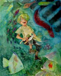 Rule 34 | 1boy, aged down, all blue, alternate costume, angelfish, apron, black pants, blonde hair, child, dreaming, eel, fish, full body, knife, male focus, one piece, pants, ray, sanji (one piece), smile, solo, squid, surreal, underwater