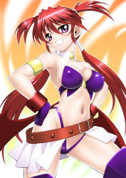 Rule 34 | 00s, 1girl, agito (nanoha), alternate breast size, armlet, armpits, breasts, buckle, cleavage, detached collar, doyagao, covered erect nipples, fang, female focus, gloves, grin, hands on own hips, highleg, highleg panties, large breasts, lips, long hair, lyrical nanoha, mahou shoujo lyrical nanoha strikers, midriff, navel, panties, purple eyes, quad tails, red hair, sakura ryuuken, short twintails, showgirl skirt, sideboob, skindentation, skirt, smile, smug, solo, strapless, thighhighs, twintails, underwear, wings