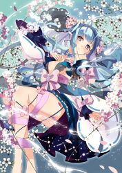 Rule 34 | 1girl, bare shoulders, blue hair, blush, breasts, character request, cleavage, dress, flower, hair flower, hair intakes, hair ornament, long hair, looking at viewer, open mouth, ribbon, selenoring, solo, souseiki aster gate, water, yellow eyes