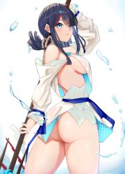 Rule 34 | 1girl, absurdres, ass, back, bare shoulders, black hair, blue eyes, blue ribbon, blush, breasts, cromwellb, dress, fate/grand order, fate/requiem, fate (series), fundoshi, highres, japanese clothes, jewelry, large breasts, long sleeves, looking at viewer, looking back, magatama, magatama hair ornament, medium breasts, medium hair, multicolored hair, necklace, pelvic curtain, pink hair, polearm, puffy long sleeves, puffy sleeves, ribbon, seigaiha, short dress, sideboob, sideless outfit, solo, spear, streaked hair, thighs, utsumi erice, water, weapon, white background, white dress