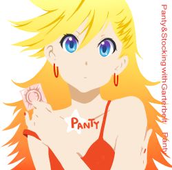 Rule 34 | 1girl, blonde hair, blue eyes, condom, condom wrapper, dress, k-on!, kakigt, long hair, lowres, panty &amp; stocking with garterbelt, panty (psg), parody, red dress, simple background, solo, style parody, white background