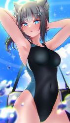 Rule 34 | 1girl, absurdres, animal ear fluff, animal ears, armpits, arms behind head, black one-piece swimsuit, blue archive, blue eyes, blue sky, blurry, breasts, cloud, commentary request, competition swimsuit, covered navel, cowboy shot, cross hair ornament, depth of field, extra ears, grey hair, hair ornament, halo, highres, kanashimiojisan, looking at viewer, low ponytail, medium breasts, medium hair, mismatched pupils, multicolored clothes, multicolored swimsuit, one-piece swimsuit, presenting armpit, shiroko (blue archive), shiroko (swimsuit) (blue archive), sky, solo, swimsuit, water drop