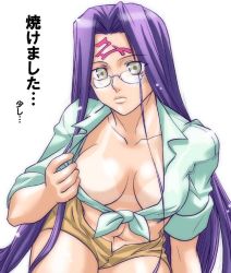 Rule 34 | 1girl, artist request, blush, breasts, cleavage, fate/stay night, fate (series), front-tie top, glasses, jpeg artifacts, large breasts, long hair, medusa (fate), medusa (rider) (fate), midriff, navel, no bra, open fly, purple hair, shirt, sleeves rolled up, solo, square pupils, tan, tanline, tied shirt, unzipped