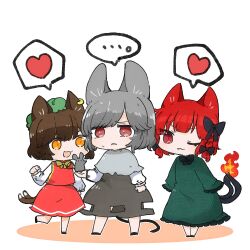 Rule 34 | ..., 3girls, ;3, animal ears, braid, cat ears, cat tail, chen, chibi, commentary request, dress, earrings, flame-tipped tail, heart, highres, jewelry, kaenbyou rin, kurotaro, mouse ears, mouse tail, multiple girls, multiple tails, nazrin, nekomata, one eye closed, red dress, red eyes, red hair, short hair, simple background, single earring, spoken ellipsis, spoken heart, standing, tail, touhou, twin braids, two tails, white background