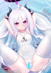 Rule 34 | 1girl, afloat, armpits, arms behind head, arms up, artist name, blue archive, blush, breasts, cameltoe, covered navel, demon horns, demon wings, gabriel evangel, hair between eyes, hair ornament, hairclip, halo, highres, hina (blue archive), horns, innertube, long hair, looking at viewer, lying, old school swimsuit, on back, one-piece swimsuit, purple eyes, school swimsuit, signature, skindentation, small breasts, solo, swim ring, swimsuit, thighhighs, thighs, very long hair, water, wavy hair, whistle, white hair, white one-piece swimsuit, white thighhighs, wings