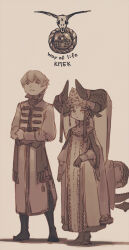Rule 34 | 1boy, 1girl, artist name, boots, brown theme, crossed arms, curled horns, dragon girl, dragon horns, dragon tail, dress, full body, fur-trimmed sleeves, fur trim, hand up, hat, highres, horn ornament, horn ribbon, horns, kmbk, layered sleeves, long sleeves, looking at viewer, monochrome, monster girl, original, ribbon, robe, sash, short hair, short over long sleeves, short sleeves, smile, standing, tail, traditional clothes, veil, wide sleeves