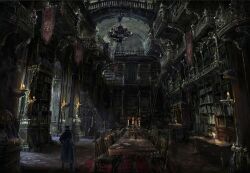 Rule 34 | 1boy, banner, bloodborne, book, bookshelf, candle, candlestand, castle, chair, chandelier, highres, hunter (bloodborne), interior, jocus wang, ladder, library, scenery, silk, solo, spider web, stairs, standing, table, third-party source, wooden chair, wooden table