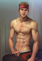Rule 34 | 1boy, abs, absurdres, aenaluck, artist name, bara, blonde hair, headband, highres, holding, holding skateboard, large pectorals, male focus, muscular, muscular male, navel, navel hair, nipples, original, pectorals, red headband, short hair, skateboard, smile, solo, teeth, topless male