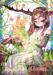 Rule 34 | 1girl, absurdly long hair, absurdres, animal, antlers, armlet, bare shoulders, berry, bird, black gloves, breasts, brown eyes, brown hair, closed mouth, collarbone, commentary request, dress, elbow gloves, english text, flower, gloves, halter dress, halterneck, highres, horns, izayoi cha, large breasts, leaf, light, long hair, original, pink flower, plant, pointy ears, sitting, smile, solo, tree stump, tsurime, very long hair, vines, wheat, white dress