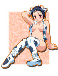 Rule 34 | 1girl, animal ears, animal print, arm support, black hair, blush, boots, breasts, cleavage, cow ears, cow print, earrings, horns, jewelry, large breasts, open clothes, open shirt, red eyes, shirt, short hair, sitting, solo, thigh boots, thighhighs, ushi beef