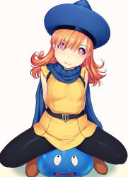 Rule 34 | 1girl, alena (dq4), black pantyhose, blunt bangs, breasts, cape, dragon quest, dragon quest iv, hat, highres, long hair, looking at viewer, mahito, monster, orange hair, pantyhose, red eyes, slime, small breasts, solo