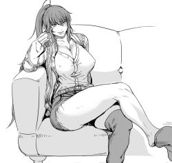 Rule 34 | 1girl, anego!, breasts, couch, kurofudo, kyoko ramon, large breasts, crossed legs, monochrome, ponytail, smile, solo, thighhighs pull