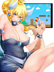 Rule 34 | 1girl, aratama (a-tama), areola slip, armlet, bare shoulders, blonde hair, blue gemstone, bowsette, breasts, brown shirt, cleavage, collar, earrings, fang, fang out, fingernails, from side, gem, hair between eyes, hat, horns, jewelry, large breasts, long fingernails, long hair, looking at viewer, mario (series), new super mario bros. u deluxe, nintendo, no bra, overalls, ponytail, red hat, shirt, simple background, sitting, smile, spiked armlet, spiked belt, spiked collar, spikes, spread legs, super crown, super mario bros. 1, tail, thighs, turtle shell, v-shaped eyebrows, white background