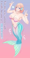 Rule 34 | 1girl, absurdres, bikini, blue background, blue eyes, breasts, cleavage, collarbone, commentary request, english text, fins, full body, gradient background, head fins, highres, kiria021, large breasts, mermaid, monster girl, monsterification, navel, orange hair, original, pink bikini, red background, revision, scales, shell, shell bikini, short hair, solo, spoken sweatdrop, standing, sweatdrop, swimsuit, transformation
