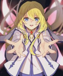 Rule 34 | 1girl, belforma 17177, black background, blonde hair, blue eyes, blurry, blurry background, choker, colette brunel, commentary, dress, empty eyes, highres, jacket, jewelry, long hair, looking at viewer, open mouth, outstretched hand, pink wings, reaching, reaching towards viewer, smile, solo, tales of (series), tales of symphonia, teeth, upper teeth only, white dress, white jacket, wings