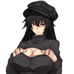 Rule 34 | 1girl, black hair, black hat, black sweater, breasts, breasts squeezed together, brown eyes, cabbie hat, cleavage, commentary request, facial scar, hair between eyes, hat, highres, large breasts, long hair, looking at viewer, m.u.g.e.n, meme attire, open-chest sweater, original, ribbed sweater, scar, scar on cheek, scar on face, scar on hand, sendai hakurei no miko, solo, sweater, touhou, transparent background, turtleneck, turtleneck sweater, upper body, virtual youtuber, yagami (mukage)