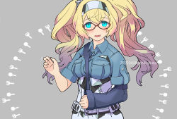 Rule 34 | 1girl, arm sling, bespectacled, blonde hair, blue eyes, blue shirt, breast pocket, breasts, broken arm, cast, collared shirt, commentary request, gambier bay (kancolle), glasses, grey background, hairband, kantai collection, large breasts, looking at viewer, pocket, red-framed eyewear, shikishima fugen, shirt, solo, twintails, upper body