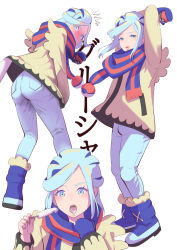 Rule 34 | 1boy, androgynous, ass, blue footwear, blush, boots, commentary request, creatures (company), eating, food, game freak, grusha (pokemon), gurotsuki (mamara999), highres, holding, holding poke ball, ice cream, jacket, long sleeves, looking back, male focus, mittens, multiple views, nintendo, open mouth, pants, poke ball, poke ball (basic), poke ball print, pokemon, pokemon sv, popsicle, scarf, sexually suggestive, tongue, trap, white background, yellow jacket