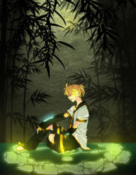 Rule 34 | 1boy, bamboo, bamboo forest, blonde hair, detached sleeves, closed eyes, forest, headphones, kagamine len, male focus, microphone, moon, nature, necktie, ponytail, short hair, sitting, solo, unibouzu, uya, vocaloid