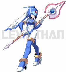 Rule 34 | 1girl, android, armor, blue armor, blue eyes, blue footwear, blue sleeves, bodysuit, boots, character name, crop top, helmet, high heels, holding, holding polearm, holding weapon, fairy leviathan (mega man), looking at viewer, mcnr, mega man (series), mega man zero (series), polearm, robot, robot girl, weapon, white bodysuit