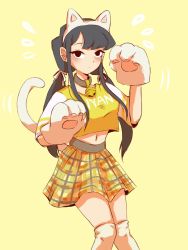 Rule 34 | 1girl, animal ears, animal hands, arms up, bell, bella (some witty user), black eyes, black hair, blush, cat ears, cat girl, cat lingerie, cat paws, closed mouth, commentary, crop top, dot mouth, dot nose, english commentary, highres, jingle bell, knees together feet apart, komi-san wa komyushou desu, komi shouko, legs together, long hair, looking at viewer, low twintails, meme attire, midriff, motion lines, navel, nyan, over-kneehighs, paw pose, plaid, plaid skirt, raglan sleeves, revision, shirt, simple background, skirt, solo, standing, thighhighs, thighs, tired, twintails, white tail, white thighhighs, wide sleeves, yellow background, yellow shirt, yellow skirt