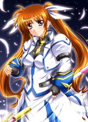 Rule 34 | 00s, 1girl, aged up, blue eyes, brown hair, diesel-turbo, feathers, gloves, long hair, lyrical nanoha, magical girl, mahou shoujo lyrical nanoha, mahou shoujo lyrical nanoha strikers, raising heart, ribbon, solo, takamachi nanoha, takamachi nanoha (exceed mode), twintails