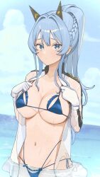 Rule 34 | 1girl, bikini, bikini under clothes, blue bikini, blue eyes, blue hair, braid, breasts, closed mouth, day, gloves, goddess of victory: nikke, hair intakes, headgear, helm (aqua marine) (nikke), helm (nikke), highres, large breasts, long hair, looking at viewer, navel, ocean, official alternate costume, open clothes, open shirt, partially submerged, peroinnu, ponytail, see-through, see-through shirt, shirt, side-tie bikini bottom, sky, solo, swimsuit, water, wet, wet clothes, wet shirt, white gloves, white shirt