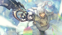 Rule 34 | 1girl, animal ears, warrior of light (ff14), black pantyhose, cape, cat ears, closed mouth, commentary request, commission, facial mark, final fantasy, final fantasy xiv, foreshortening, from above, glasses, green eyes, grey cape, grey jacket, grey skirt, hide (hideout), holding, holding sword, holding weapon, jacket, long hair, long sleeves, looking at viewer, miqo&#039;te, pantyhose, ponytail, red-framed eyewear, semi-rimless eyewear, skeb commission, skirt, smile, solo, standing, sword, under-rim eyewear, waist cape, weapon, whisker markings, white hair