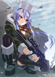 Rule 34 | 1girl, aircraft, assault rifle, battlefield (series), battlefield 4, black footwear, boots, breasts, bullpup, cleavage, cloud, fur boots, fur hat, goggles, goggles around neck, gun, hat, helicopter, is ii, knee boots, long hair, mi-28, on one knee, purple hair, red eyes, ribbed legwear, rifle, sky, solo, taking cover, thighhighs, trigger discipline, vertical forward grip, weapon