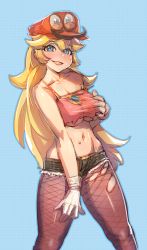 Rule 34 | 1girl, adapted costume, blonde hair, blue background, blue eyes, blush, bow (bhp), breasts, cappy (mario), crop top, cutoffs, fishnet pantyhose, fishnets, gloves, grabbing own breast, large breasts, long hair, mario, mario (series), midriff, navel, nintendo, no bra, pantyhose, possessed, princess peach, revision, short shorts, shorts, solo, spaghetti strap, standing, strap slip, super mario odyssey, torn clothes, torn pantyhose, underboob, very long hair, white gloves