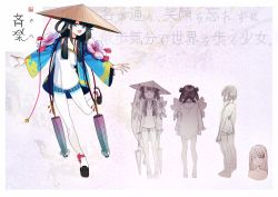 Rule 34 | 1girl, ankle ribbon, bell, black footwear, black hair, blue eyes, blue jacket, bracelet, chinese clothes, clothing request, commentary request, flower, hair rings, hat, highres, jacket, jewelry, jingle bell, kaede (shijie heping), leg ribbon, long hair, multicolored clothes, multicolored jacket, multiple views, open clothes, open jacket, open mouth, original, outstretched arms, ribbon, sketch, smile, spread arms, standing, standing on one leg, translation request, two-tone jacket, white legwear, wide sleeves