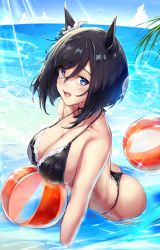 Rule 34 | 1girl, :d, animal ears, ass, ball, bare arms, bare shoulders, beachball, bikini, black bikini, black hair, blue eyes, blush, breasts, choker, cleavage, cloud, collarbone, day, eishin flash (umamusume), highres, horizon, horse ears, large breasts, leaning forward, lens flare, looking at viewer, no tail, open mouth, osterei, outdoors, partially submerged, red choker, short hair, smile, solo, sunlight, swept bangs, swimsuit, umamusume, water