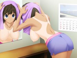 Rule 34 | 1girl, bathroom, bent over, blue eyes, blush, breasts, brown hair, calendar, drying, female focus, game cg, hands on own head, hanging breasts, koi to mizugi to taiyo to, large breasts, looking up, mirror, nipples, reflection, short hair, shorts, solo, tan, tanline, topless, towel, towel on head