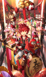 Rule 34 | 1boy, bell, bento, cherry blossoms, daruma doll, drum, elsword, elsword (character), hand fan, holding, instrument, monkey, red eyes, red hair, rope, scorpion5050, sitting, traditional clothes