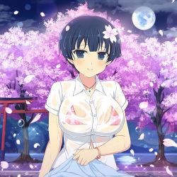 Rule 34 | 1girl, bikini, bikini under clothes, blue eyes, blue hair, breasts, cherry blossoms, cleavage, flower, flower on head, full moon, highres, jewelry, looking at viewer, moon, necklace, night, see-through, see-through shirt, senran kagura, shirt, short hair, swimsuit, wet, wet clothes, yozakura (senran kagura)