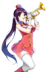 Rule 34 | 1girl, alternate hair color, band uniform, bare shoulders, black necktie, boots, breasts, buttons, cleavage cutout, closed mouth, closers, clothing cutout, collared jacket, cowboy shot, double-breasted, fold-over gloves, gloves, hands up, hat, highres, holding, holding instrument, holding trumpet, impossible clothes, impossible jacket, instrument, jacket, knee boots, large breasts, leg up, levia (closers), long hair, looking at viewer, looking to the side, marching band, mini shako cap, miniskirt, music, necktie, no pupils, official art, parted bangs, playing instrument, pleated skirt, pointy ears, ponytail, purple eyes, purple hair, red footwear, red hat, red jacket, red skirt, shako cap, sidelocks, skirt, sleeveless, sleeveless jacket, smile, solo, standing, standing on one leg, thighhighs, trumpet, uniform, very long hair, white background, white gloves, white thighhighs, wing collar, zettai ryouiki